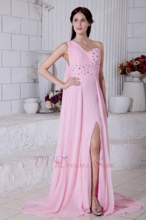 Sexy One Shoulder Empire Pink Chiffon Bridal Party Dress With Split