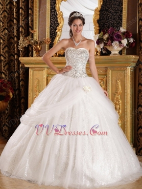 Flaring Sweetheart Sequined Fabric White Quinceanera Dress