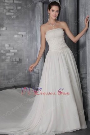 Strapless Ivory Chiffon Wedding Dress With Cathedral Train