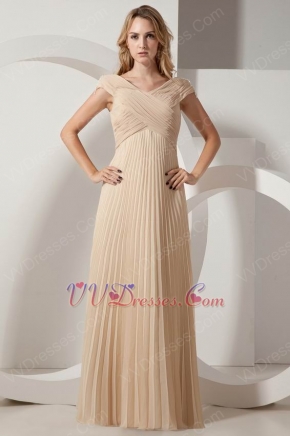 Inexpensive V-neck Floor Length Champagne Pleated Prom Dress