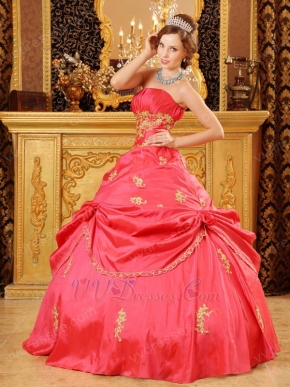 Coral Pink Girl Quinceanera Dress With Golden Applique