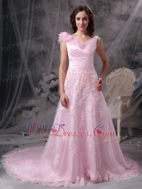 Baby Pink Princess V-neck Prom Dress With Applique Emberllish Inexpensive