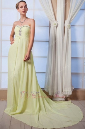 Polychrome Chapel Train Lime Yellow Green Chiffon Prom Dress