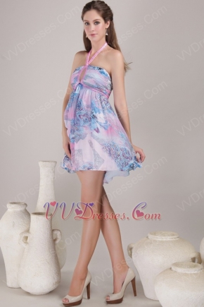 Colorful Printed Chiffon Short Prom Dress With Halter Skirt