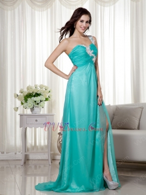 Split Skirt One Shoulder Appliqued Turquoise Prom Wear Dress