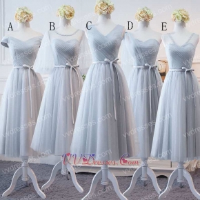 Popular Color Silver Tulle Series Bridesmaid Tea-Length For Pretty Girls