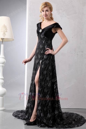 V-Neck Off Shoulder Black Lace Split Skirt Evening Dress