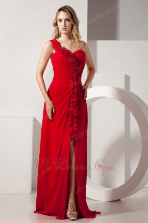 One Shoulder Rosette Dark Red Prom Dress Design With Sexy Split