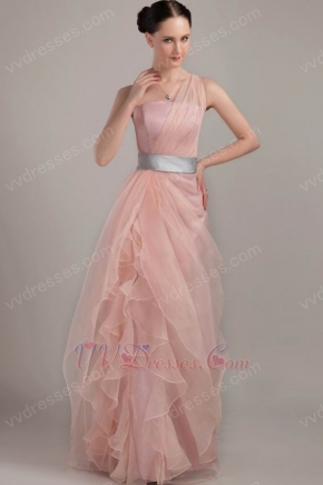 One Shoulder Ruffles Skirt Pink Prom Dress With Silver Belt