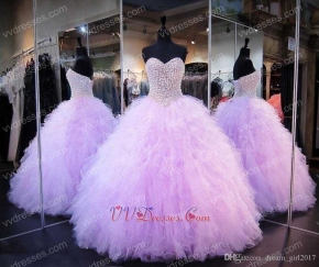 Lilac Puffy Tulle Densely Ruffles Floor Length Prom Ball Gown Has Pearl