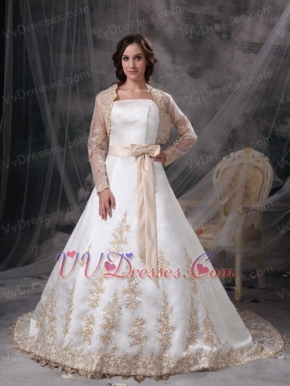 Strapless Ivory Wedding Dress And Jacket With Golden Embriodery Low Price