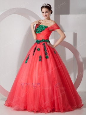 Coral Red Popular A-line Prom Gown With Green Applique