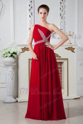 One Shoulder Wine Red Chiffon Prom Dresses With Beading