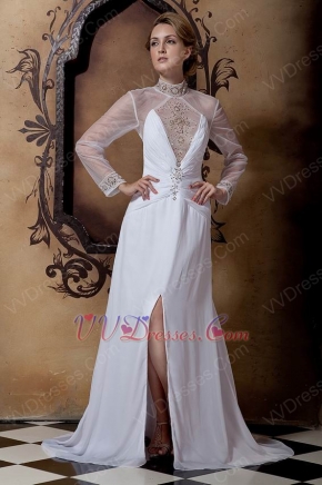 Casual Long Organza Sleeves Backless White Chiffon Wedding Dress