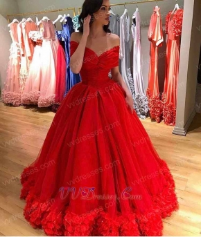 Portrait Round The Shoulder Puffy Prom Gown With Handmade 3D Flower Hemline