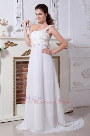 One Shoulder Flower Straps White Chiffon Prom Dress Beautiful