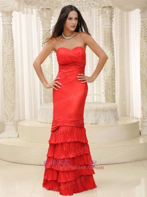 Slim Empire Waist Red Taffeta Wrinkled Layers Event Stage Show Dress