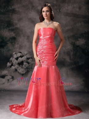 Watermelon Red Taffeta Mermaid Strapless Prom Dress Lady Inexpensive