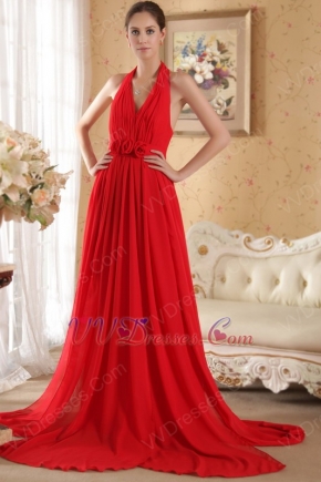 Halter Floor Length Red Chiffon Prom Dress With Handmade Flowers