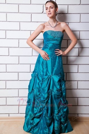 Beautiful Beaded Peacock Blue Taffeta Lady Evening Gown