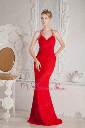 Modest Halter Scarlet Chiffon Women Prom Party Dresses Petite