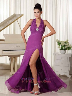 Halter V Neck Purple Chiffon Prom Dress Floor-length Slit Skirt