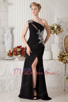 Best One Shoulder Side Crystals Black Chiffon Evening Dress