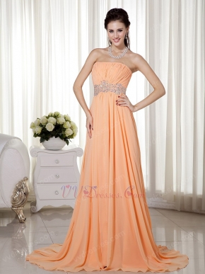 Strapless Sleeveless Apricot Orange Chiffon Celebrity Dress