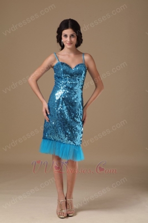 Tea Length Flaring Sequin Fabric Peacock Blue Prom Party Dress