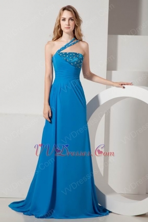 Cheap One Shoulder Court Train Blue Celebrity Prom Dresses