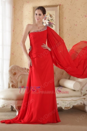 One Shoulder Watteau Train Red Prom Dress With Beading