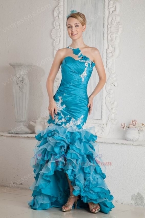 One Shoulder High Low Ruffled Mermaid Skirt Blue Prom Dress