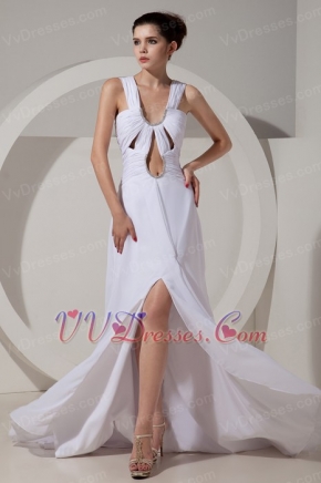 White Wide Straps Prom Dress With Side Split Skirt Sexy Inexpensive