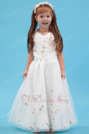 Beautiful V-Neck Appliques A-line Ivory Organza Dress For Flower Girl