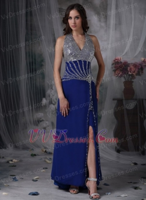 Halter Sequin Royal Blue Chiffon Prom Dress With Side Split Luxury