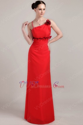 Spaghetti Straps Long Red Prom Dress With Hand Made Flower