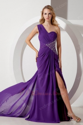 One Shoulder Panel Purple Chiffon With Split Prom Dresses Beautiful