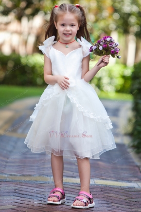 Unique V-Neck Bow Straps Ivory Organza Flower Girl Dresses Under $100