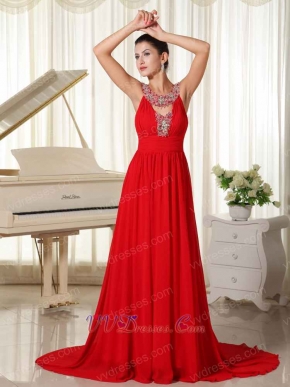 Modest Scoop Brush Train Red Spring Prom Dress For Christmas Wear