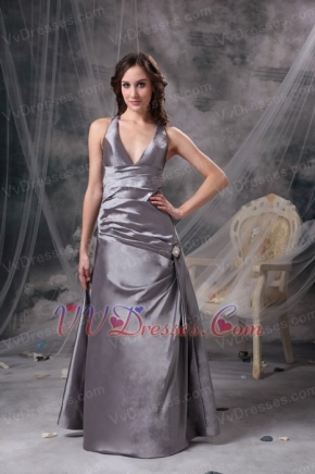 V-neck Floor-length Sliver Taffeta Long Prom Dress 2014 Inexpensive