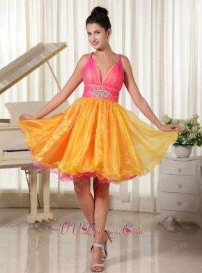 Princess Hot Pink and Orange Organza Contrast Short Prom Dress Teen Girl