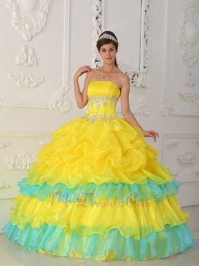 Ruched Appliqued Bodice Canary Yellow Layers Skirt With Blue Quinceanera Dress