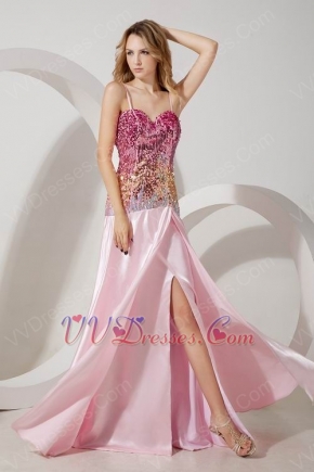 Unique Multi Colors Sequin Pink Evening Dress Wit Split