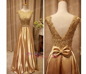 Lustrous Fabric Scoop Floor Length Evening Gold Dress With Appliques