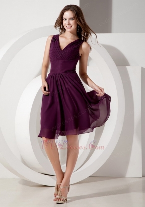 Dark Purple V-neck Wedding Party Dress For 2014 Bridesmaid