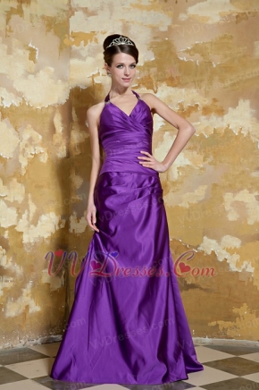 V-neck Floor-length Skirt Purple Taffeta Prom Dress Halter Top Inexpensive