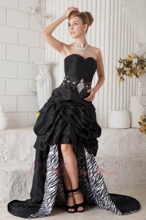 Zebra Print Asymmetrical Chapel Train Black Evening Dress