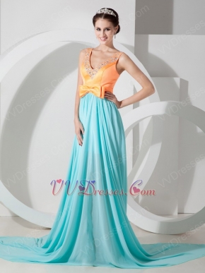 Straps V-neckline Colorful Aqua Skirt Long Prom Dress