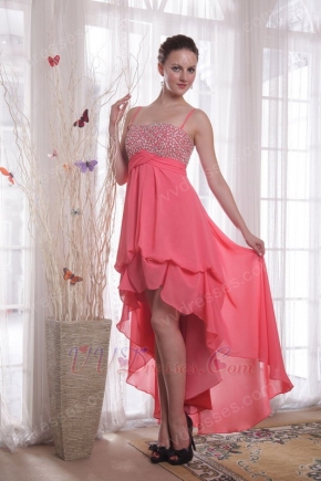 Watermelon Straps High-low Chiffon Beaded Prom Dress