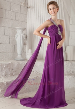 One Shoulder Watteau Purple Chiffon Discount Prom Dress With Split